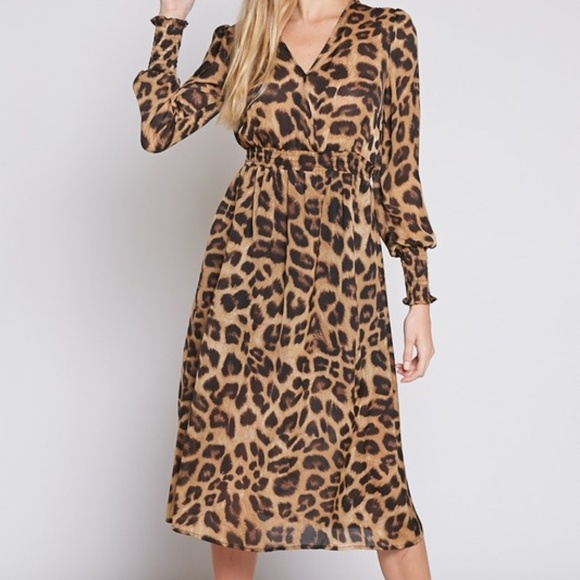 animal print long sleeve midi dress